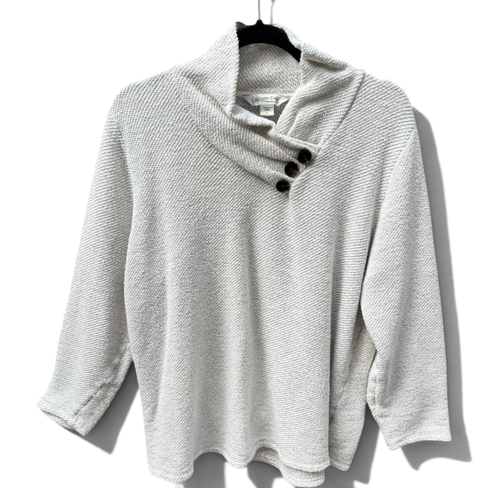 Coldwater Creek Womens Gray Marled Button Cowl Neck Sweater Size L Cotton Blend